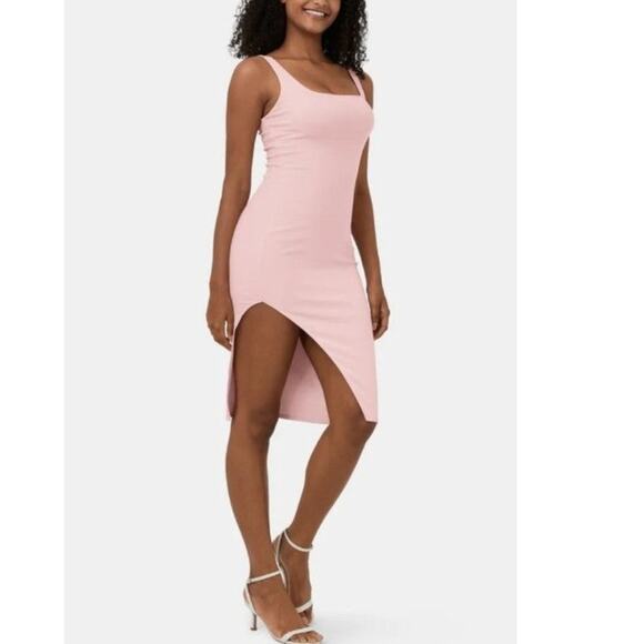 Halara Ribbed Knit Square Neck Split Hem Bodycon Midi Dress Pink Womens L NWT - Picture 1 of 8